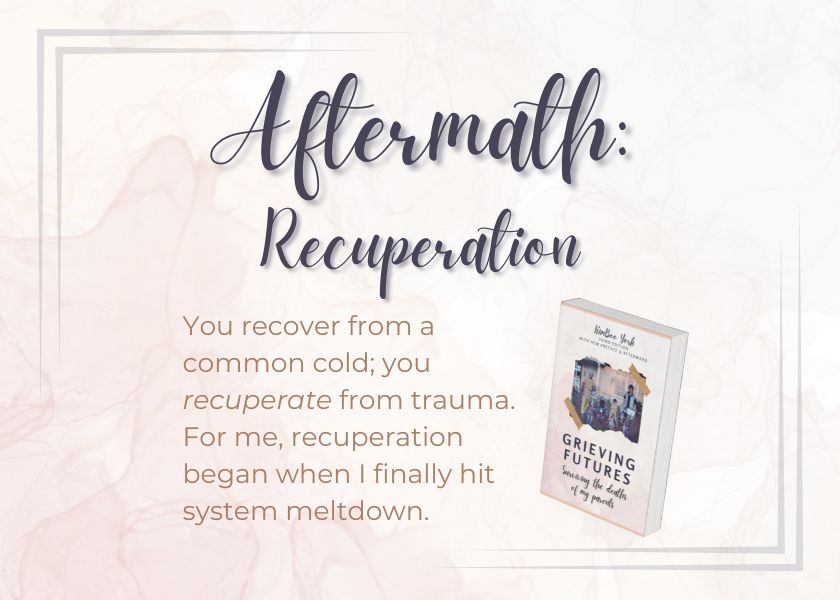 Text image: Aftermath: Recuperation. "You recover from a common cold; you recuperate from trauma. For me, recuperation began when I finally hit system meltdown."